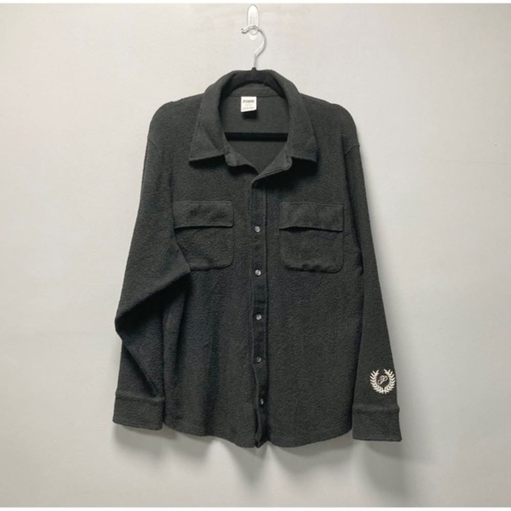 Pink Victoria's Secret Black Fleece Button Down Shirt Jacket Large Laurel Logo